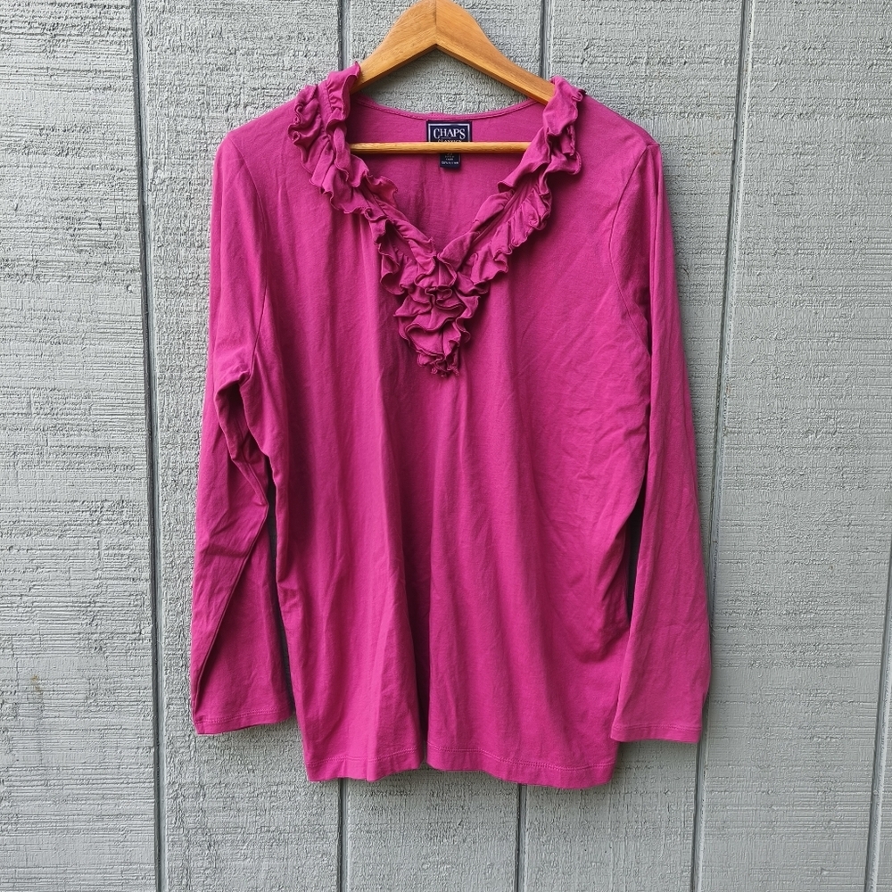 RL Chaps Ruffle Neck 100% Cotton Long Sleeve sz 2X Pink Casual Feminine Comfort